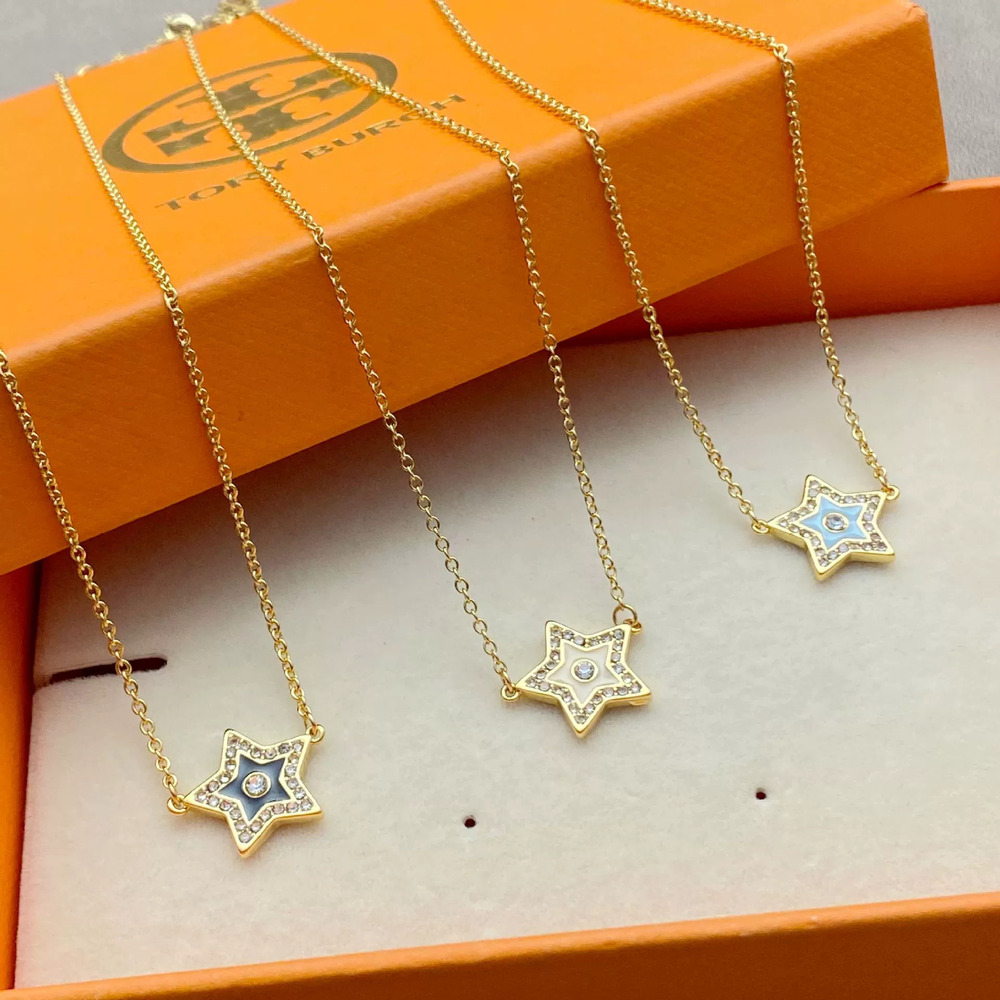 Tory Burch Gold Double Chain Star Rhinestone Short Necklace